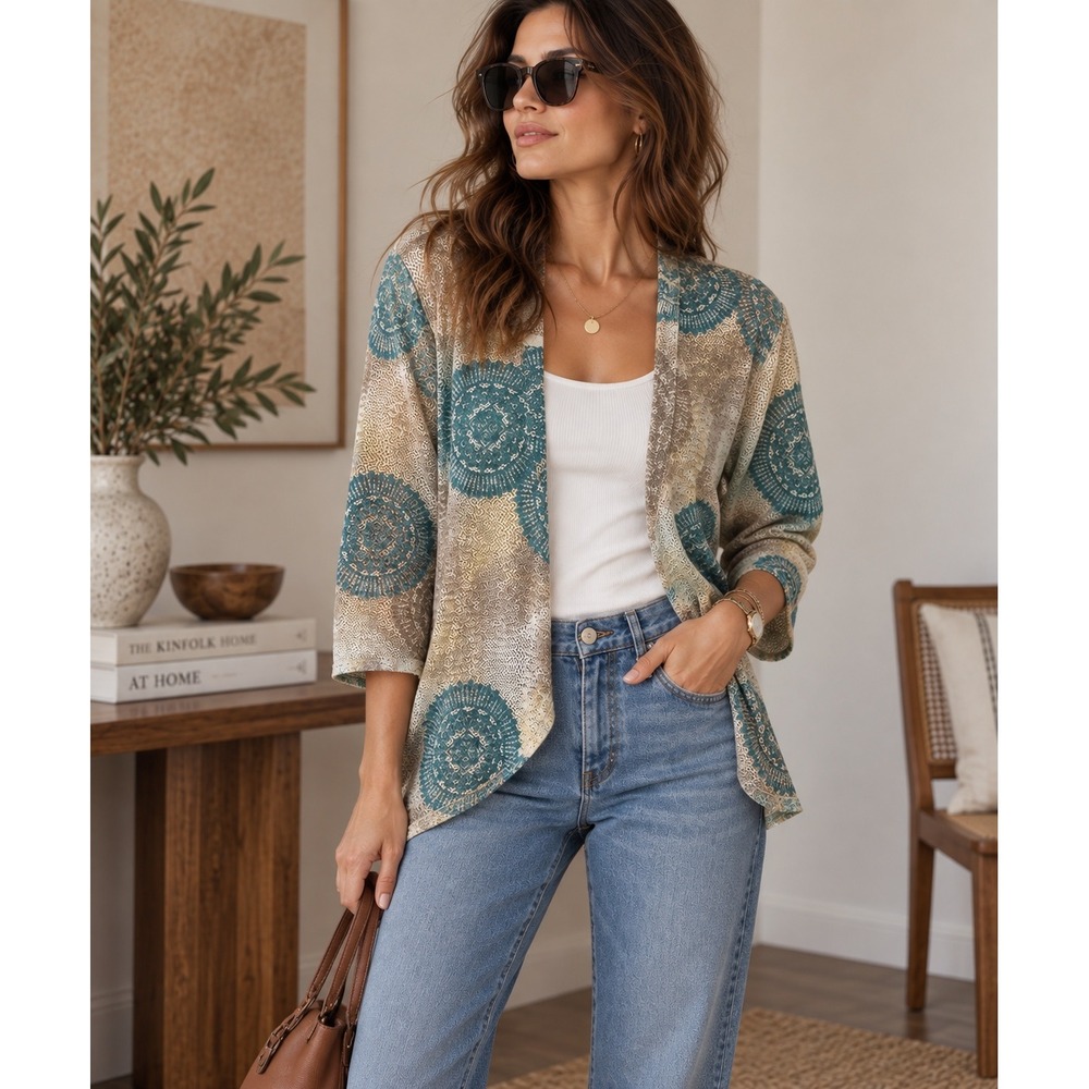 Easywear by Chicos Cardigan Womens 3XL Teal Medallion Mesh Knit Art to Wear